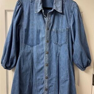 Free People Denim Button-Up Dress with Puff Sleeves